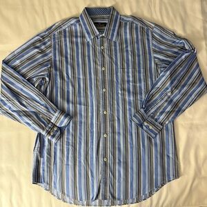 Bugatchi Uomo Blue, Gray & White Striped Long Sleeve Button Down Shirt